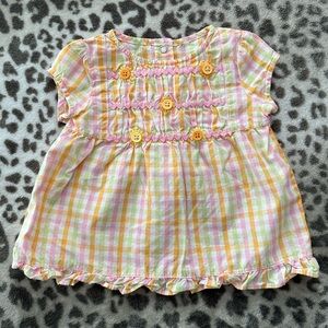 2006 Gymboree Spring Plaid Flower Button Ric Rac Top in Pink Green 12-18 months